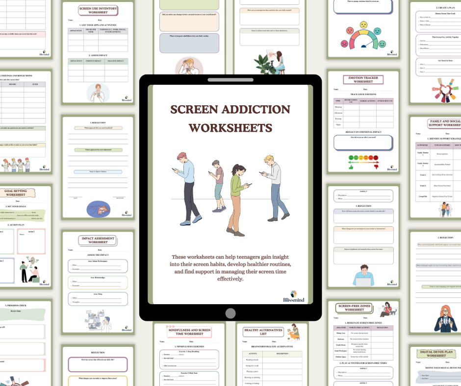 Screen Addiction Worksheets: Digital Worksheet Set (15 Worksheets, 31 pages)